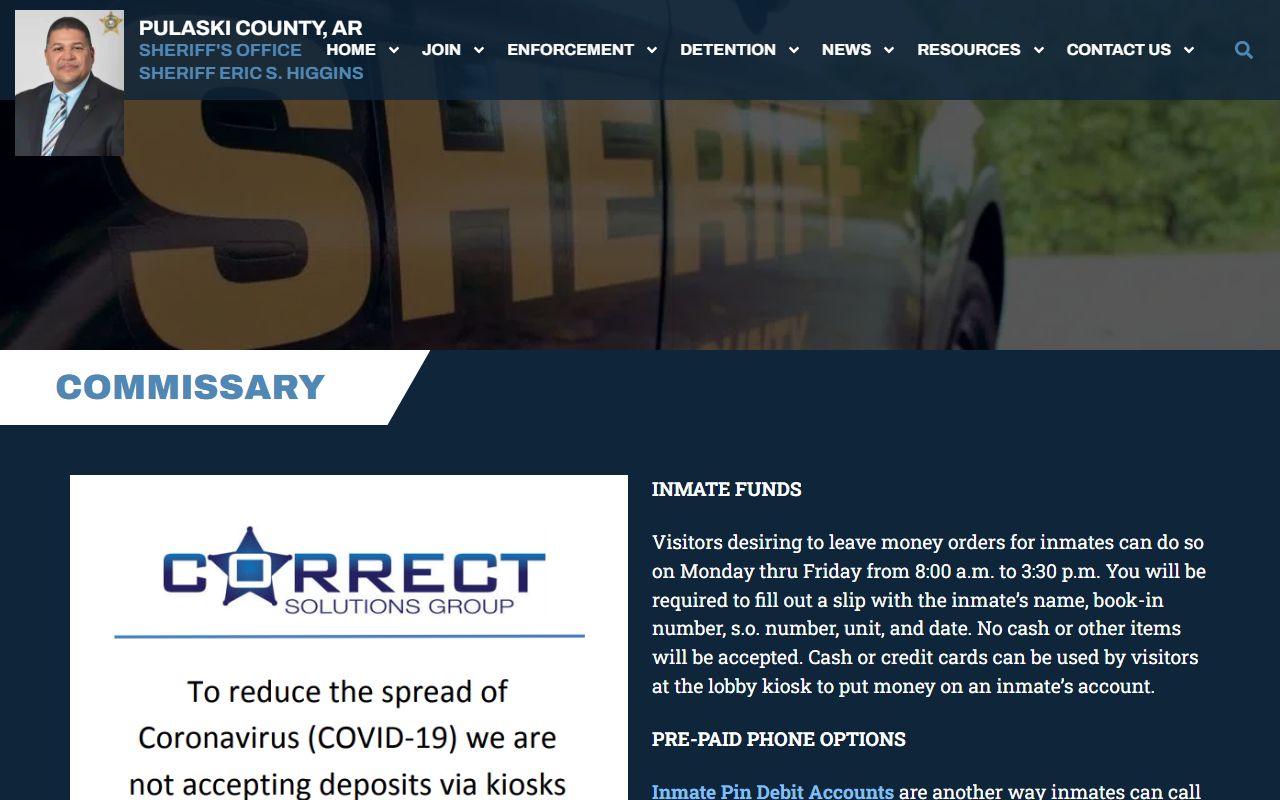 PCSO commissary page listing Pulaski County inmate deposit options