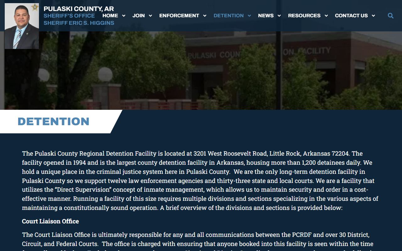 PCSO detention overview page for Pulaski County Regional Detention Facility